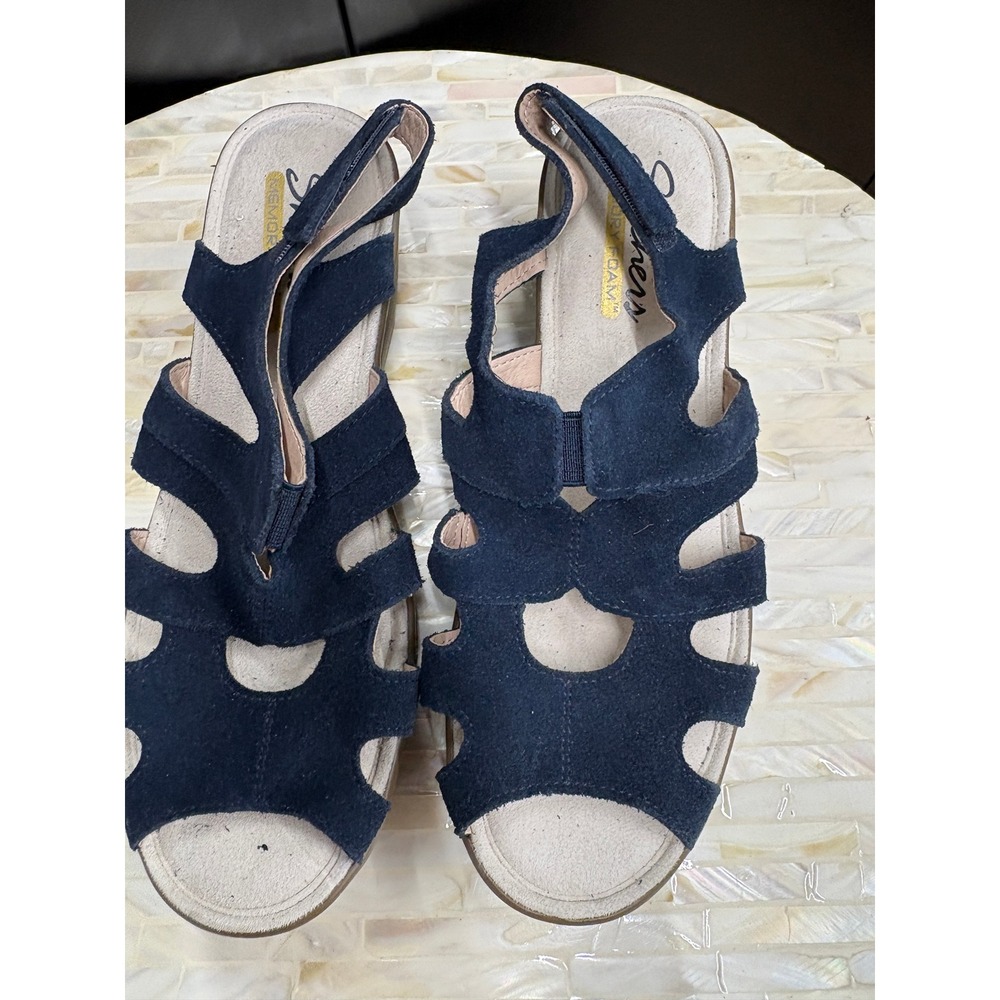 Skechers Navy Blue Suede Memory Foam Wedge Sandals Womens 7.5 Strappy Platform